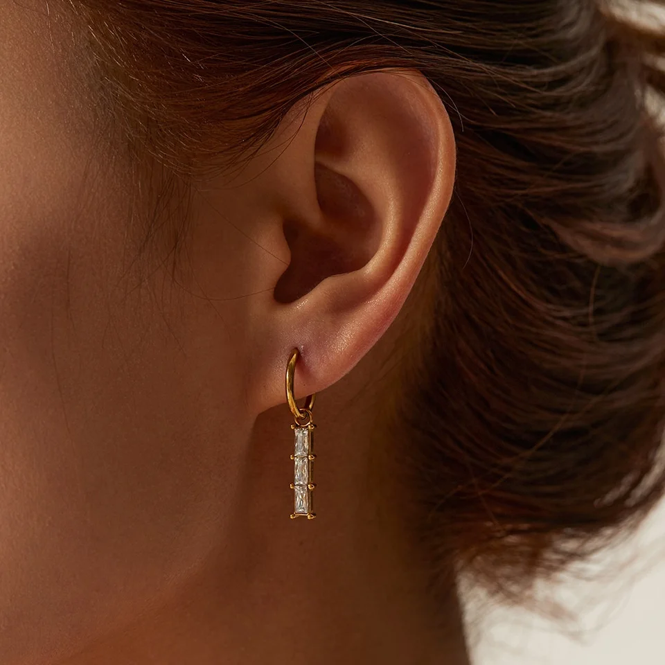 Seline 18K Dainty CZ Bar Drop Earrings
