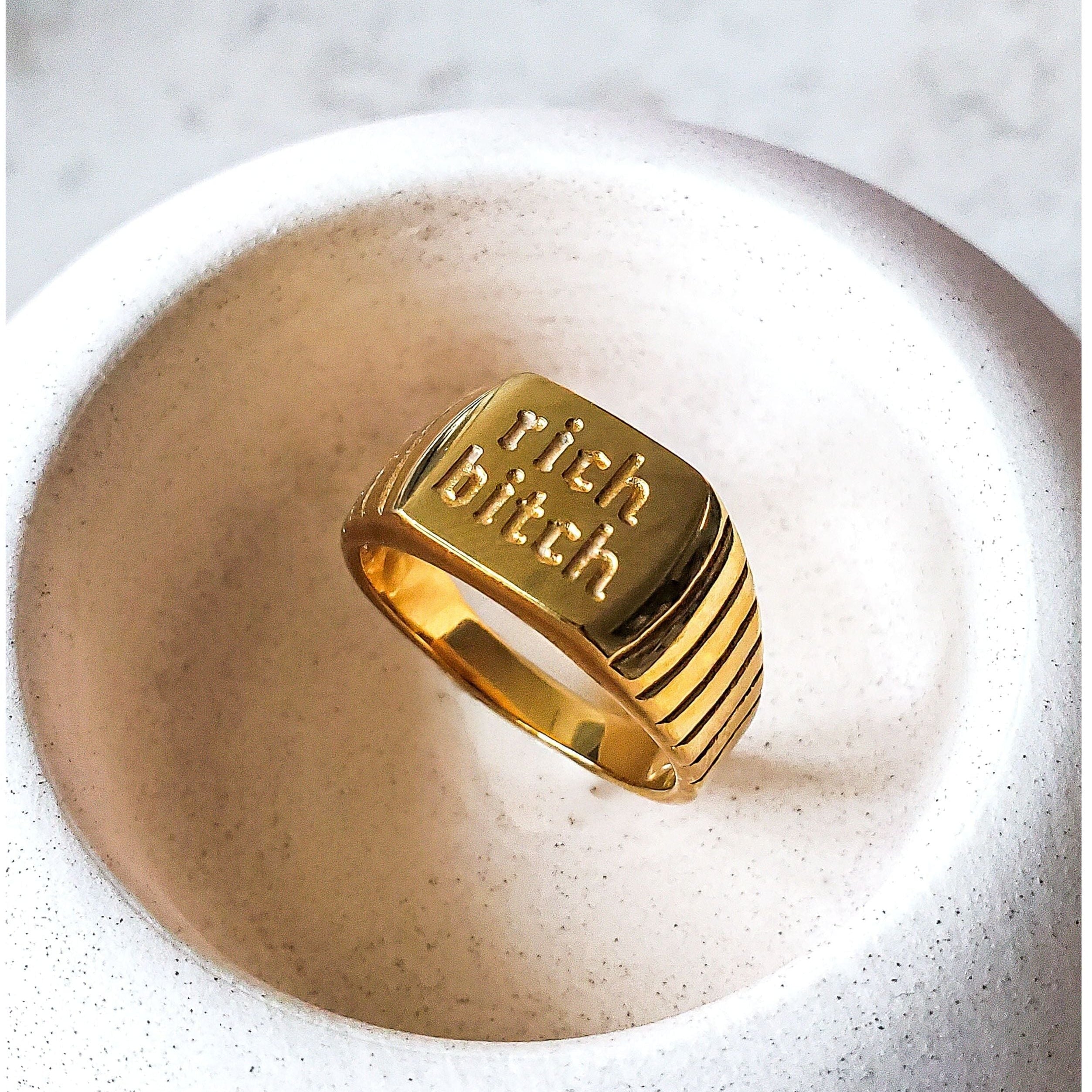 Goldie Rich Bitch Engraved 18K Gold Thick Ring