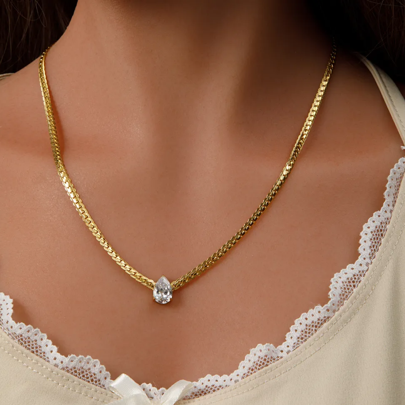Sophia 18K Pear CZ Cuban Flat Blade Necklace