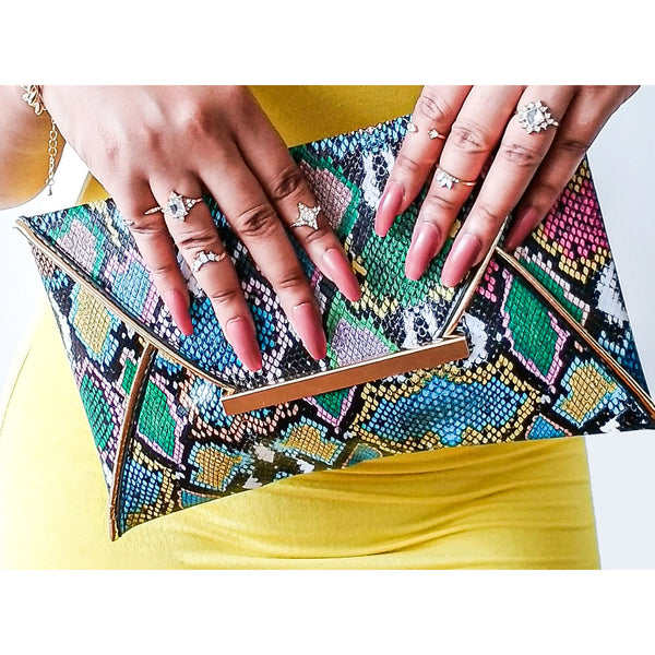 Faux Snake Colorful Envelope Clutch