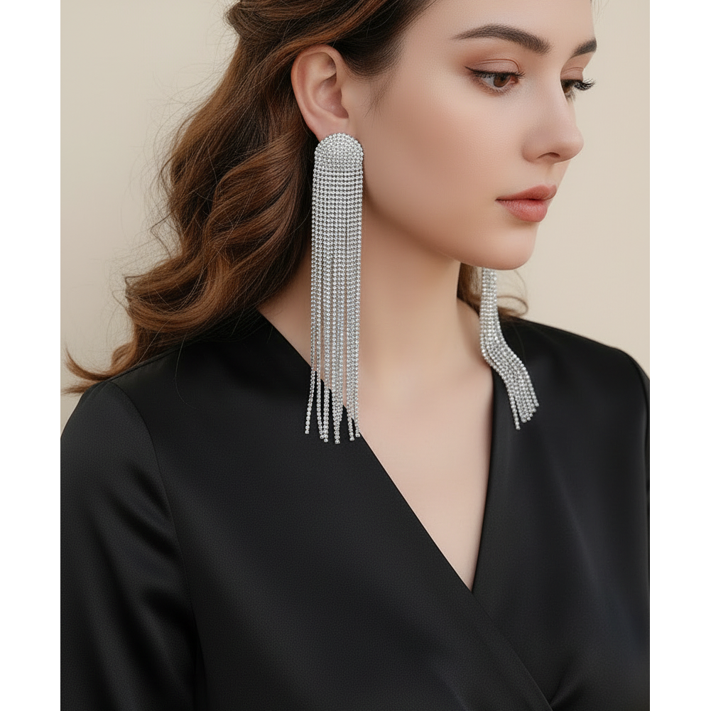 Elena Silver Rhinestone Tassel Earrings