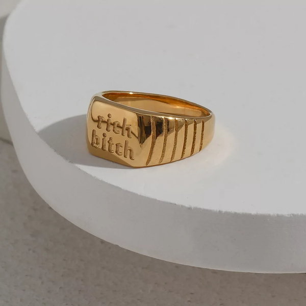 Goldie Rich Bitch Engraved 18K Gold Thick Ring