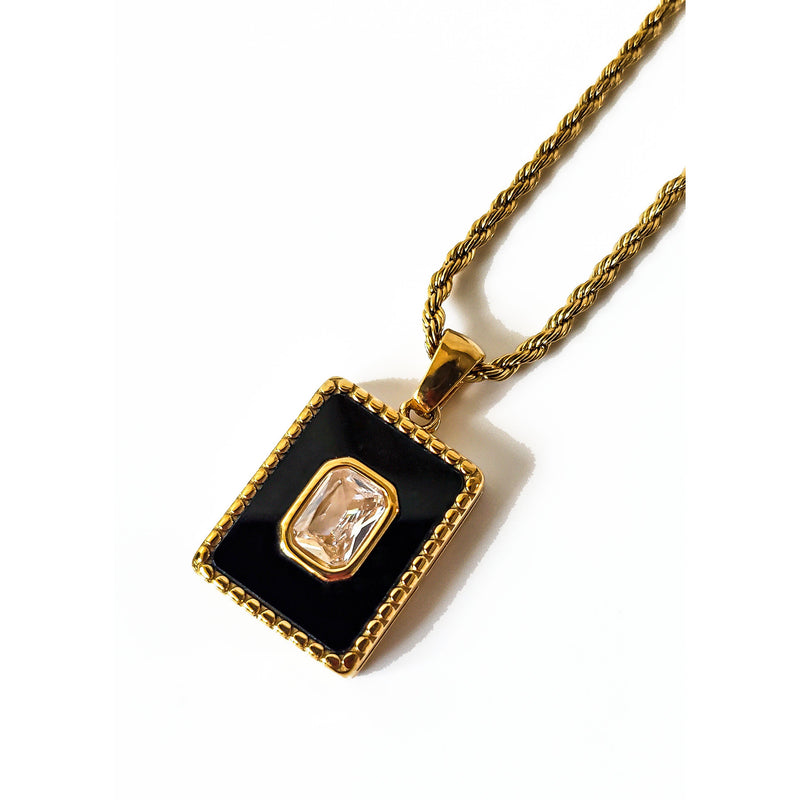 Black Onyx 14K Gold CZ Pendant Necklace
