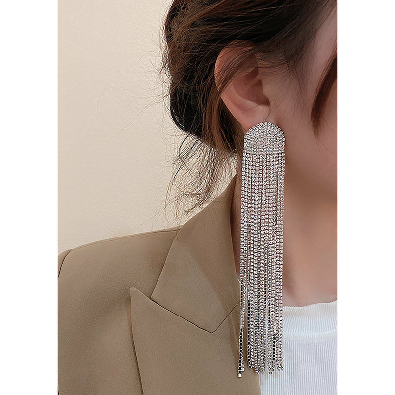Elena Silver Rhinestone Tassel Earrings